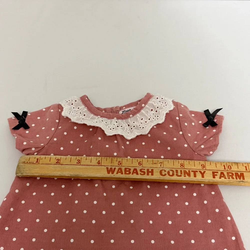 Little Lass Baby Pink Polka‎ Dot Corduroy Dress Eyelet Lace Collar Bows 6/9M